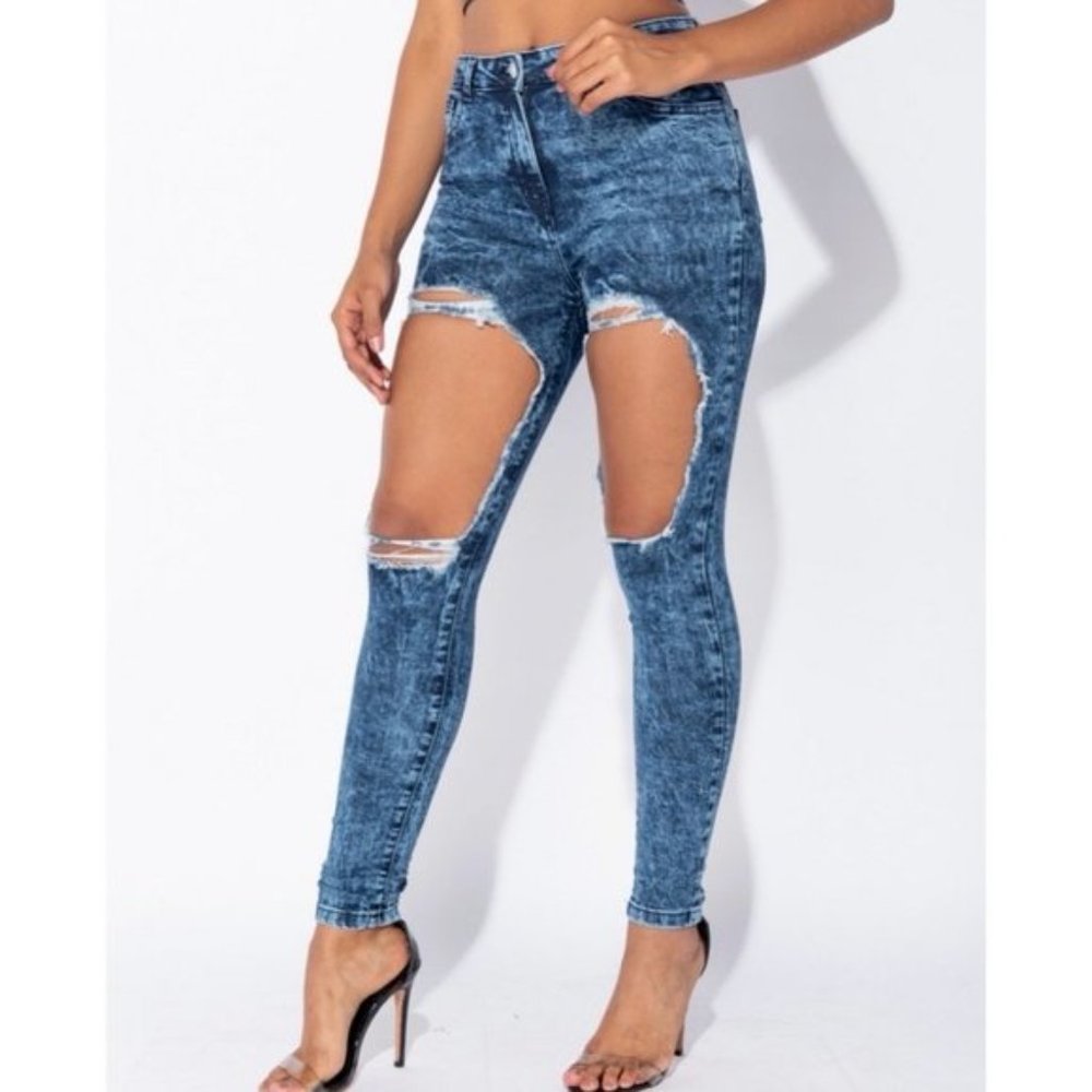Blue Acid Wash High Waist Ripped Distressed Skinny Jeans Denim Pants - Picture 6 of 10